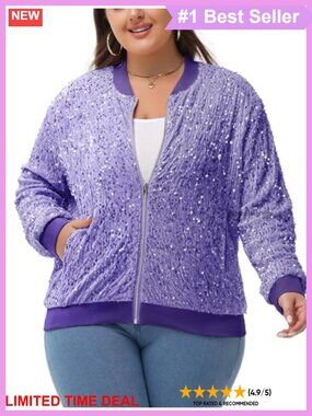 Plus Size Sequin Velvet Bomber Jacket Zip Pockets Party Concert